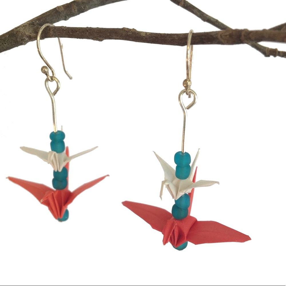 🆕🌸 Beaded Paper Crane Earrings in Fiesta Sunrise
